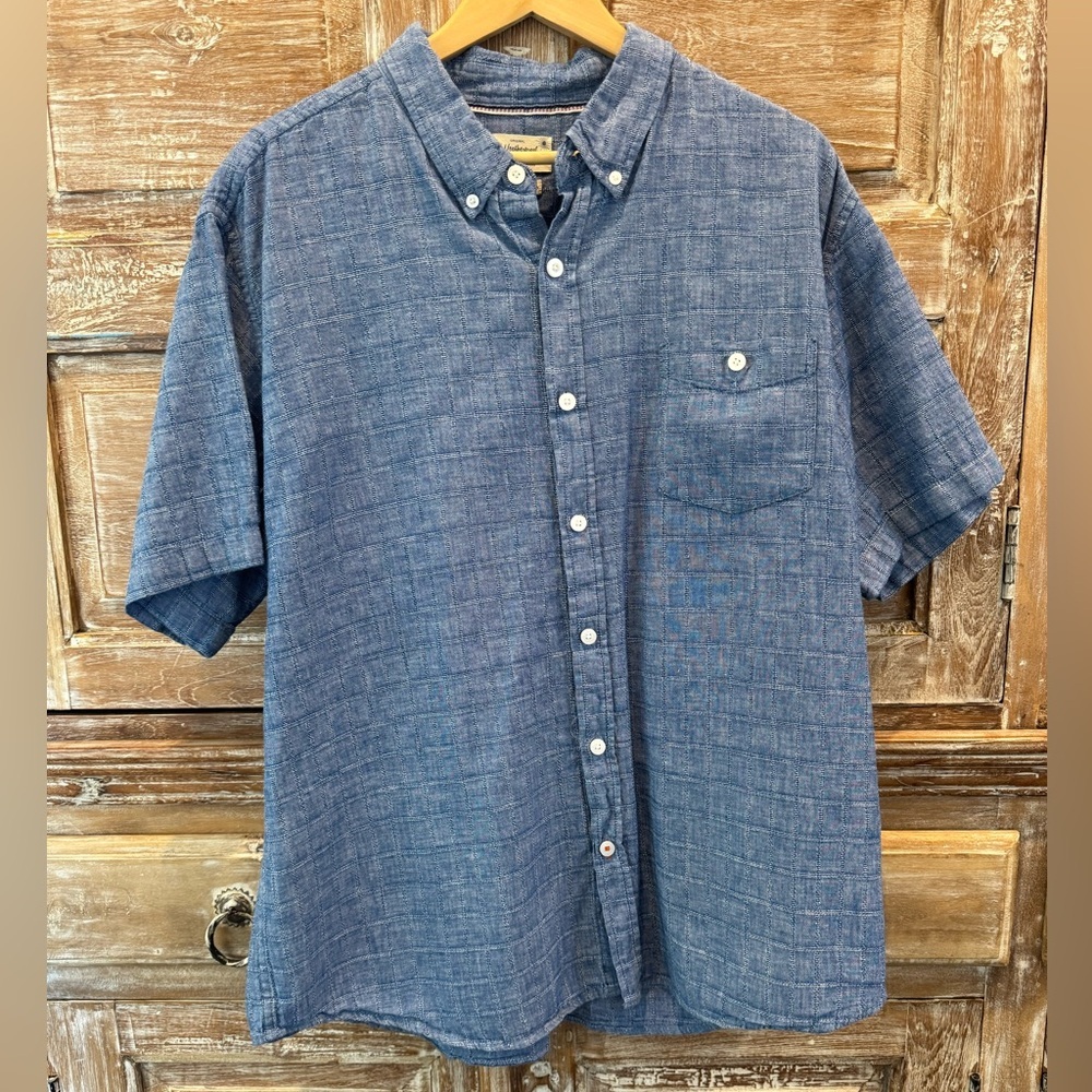 Weatherproof Vintage Brand Blue Short Sleeve Button-Down Washable Linen Shirt